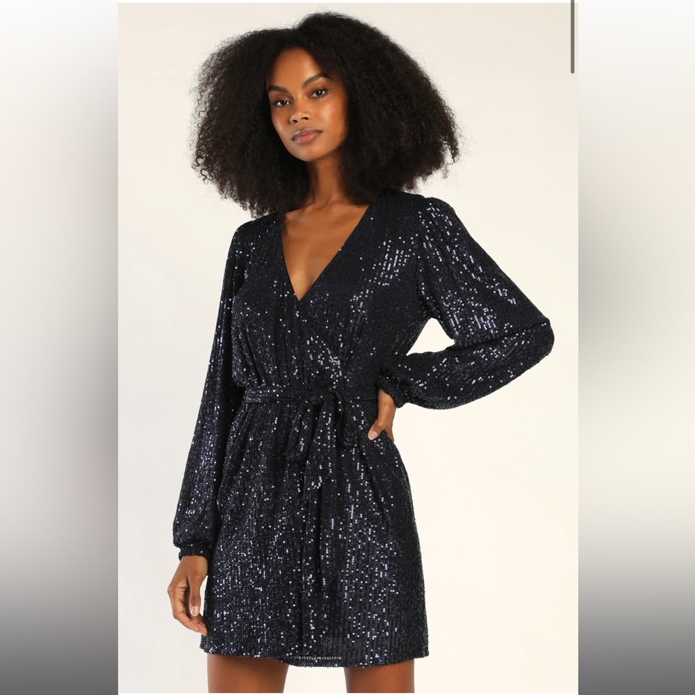 Sparkly Darling Navy Blue Sequin Long Sleeve Wrap Dress in size small